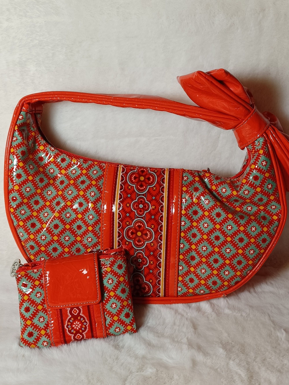 Vera Bradley Frill Orange and Turquoise Patterned Bag with Matching Wallet